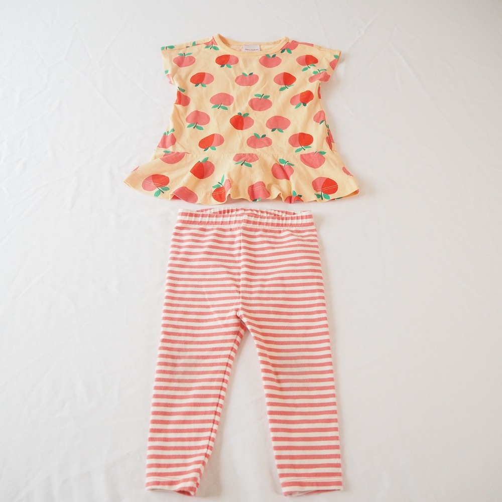 Hannah Andersson Peach Print Ruffle Tee and Striped Legging Set 12-18 mo Outfit